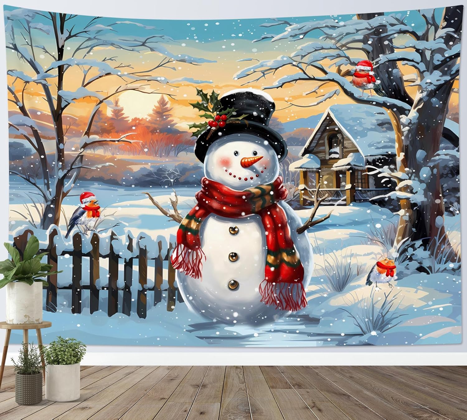 HVEST Tapiz navideño de muñeco de nieve para colgar en la pared, muñeco de nieve y pájaro en árbol nevado con tapiz de granja, tapiz de atardecer en
