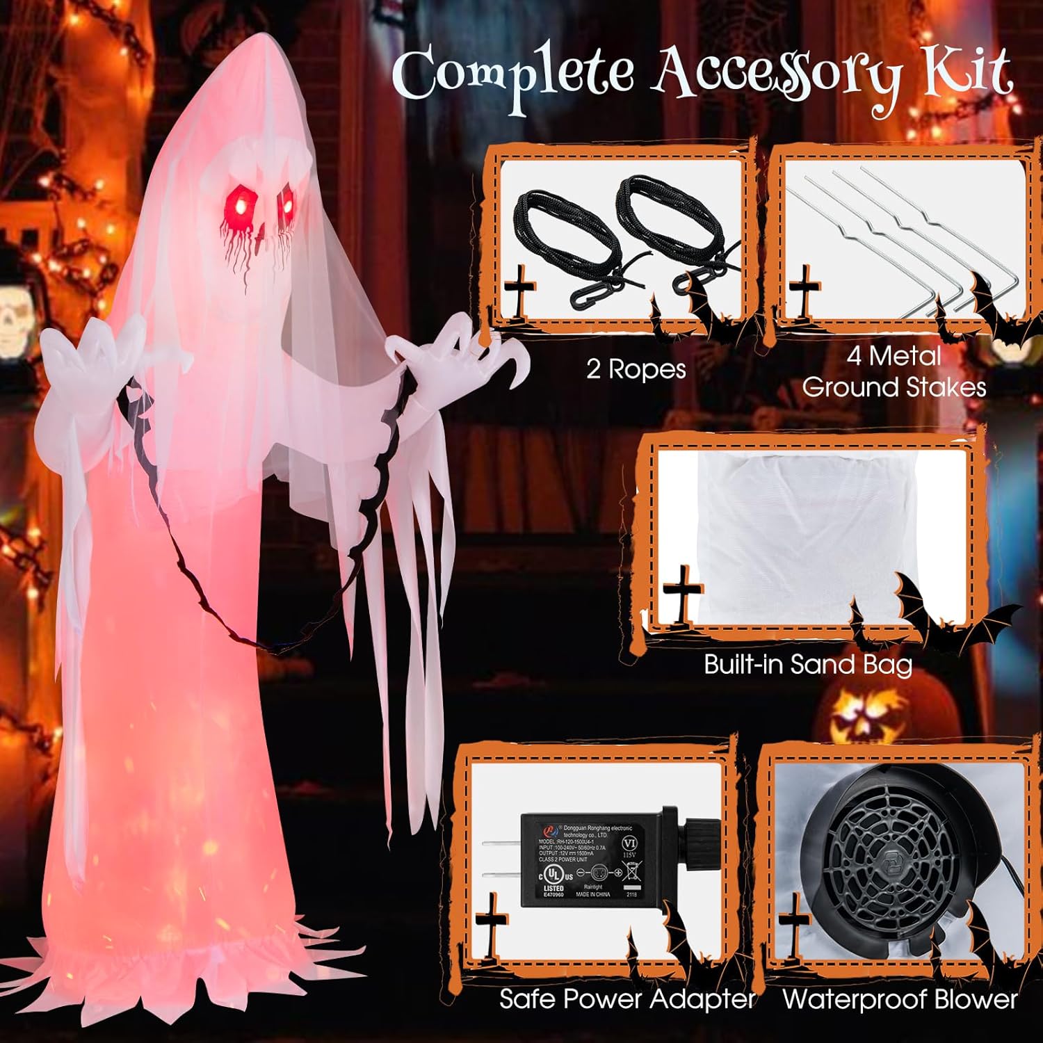 Tangkula Fantasma inflable de Halloween de 8 pies, novia fantasma inquietante inflable con luz LED de llama, decoración de vacaciones al aire libre