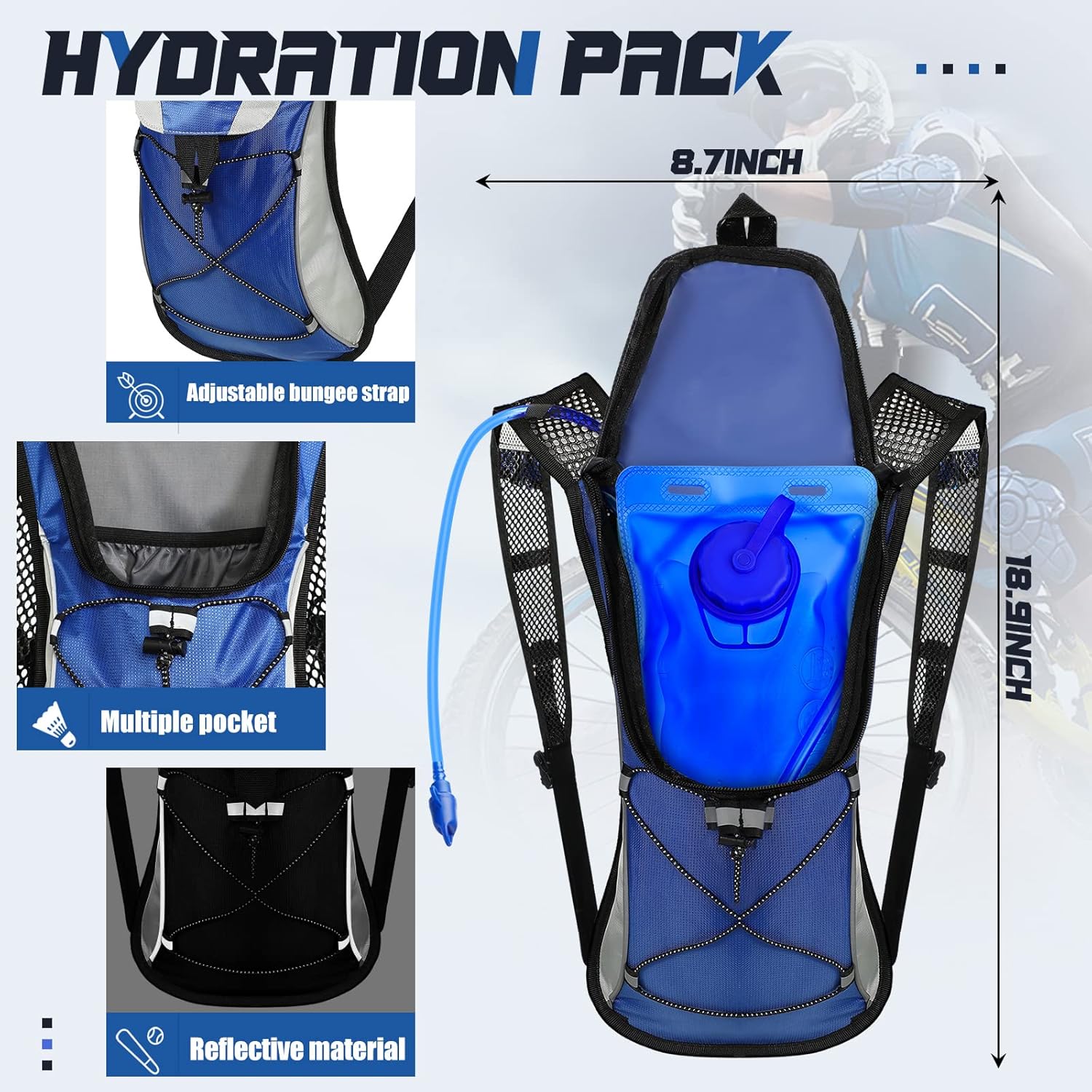Paquete de 4 mochilas de hidratación con bolsa de agua de 2 L, paquete de hidratación con vejiga de hidratación, senderismo, correr, ciclismo,