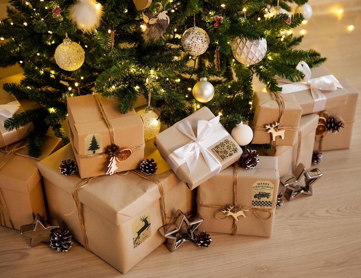 Etiquetas de regalo de papel kraft natural para regalo de vacaciones, 4 diseños diferentes, 2 x 3 pulgadas, 100 etiquetas en total