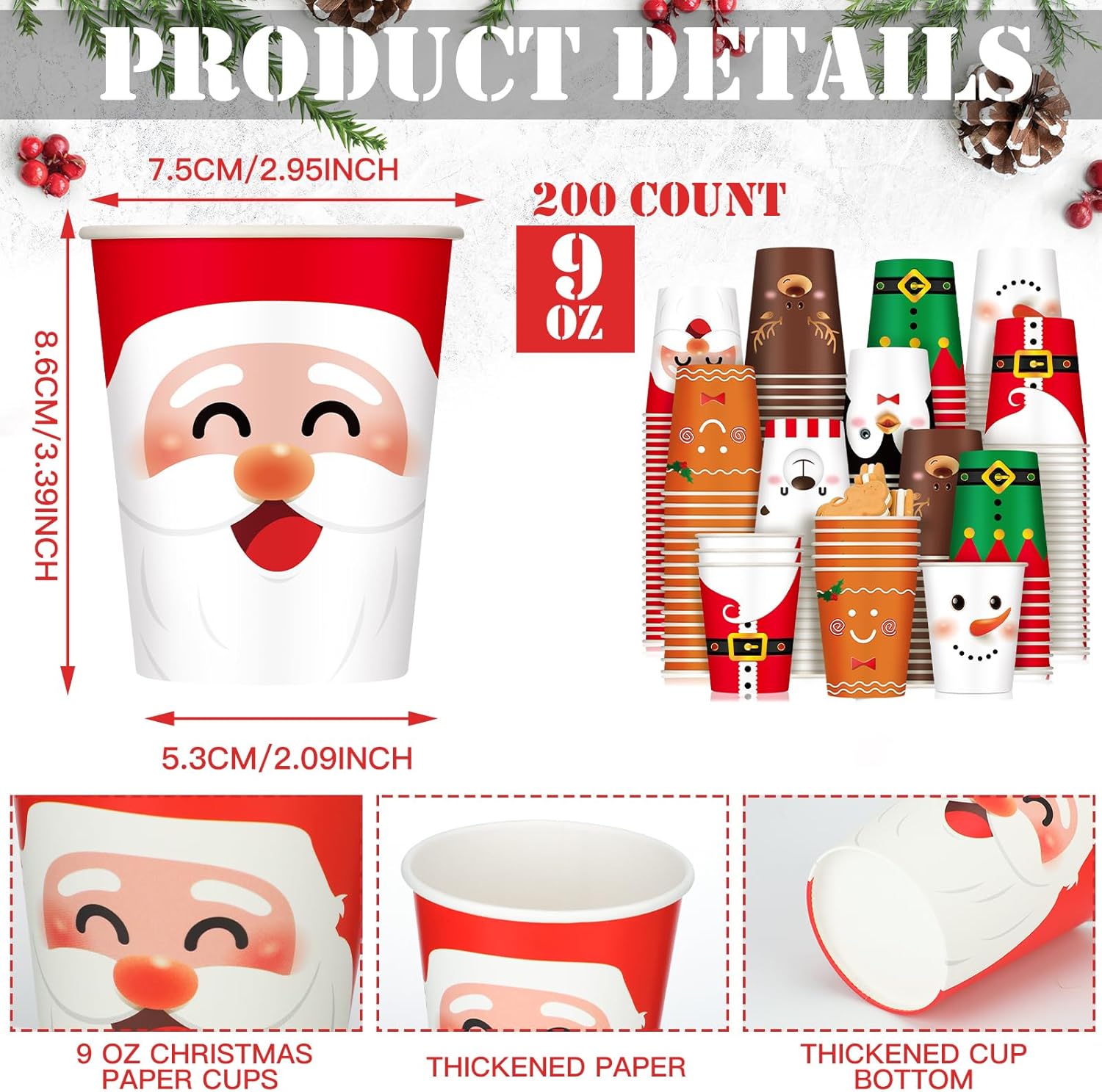 Zhehao 200 vasos de papel desechables de Navidad de 9 onzas, tazas de café desechables, Papá Noel, muñeco de nieve, alce, vasos calientes,