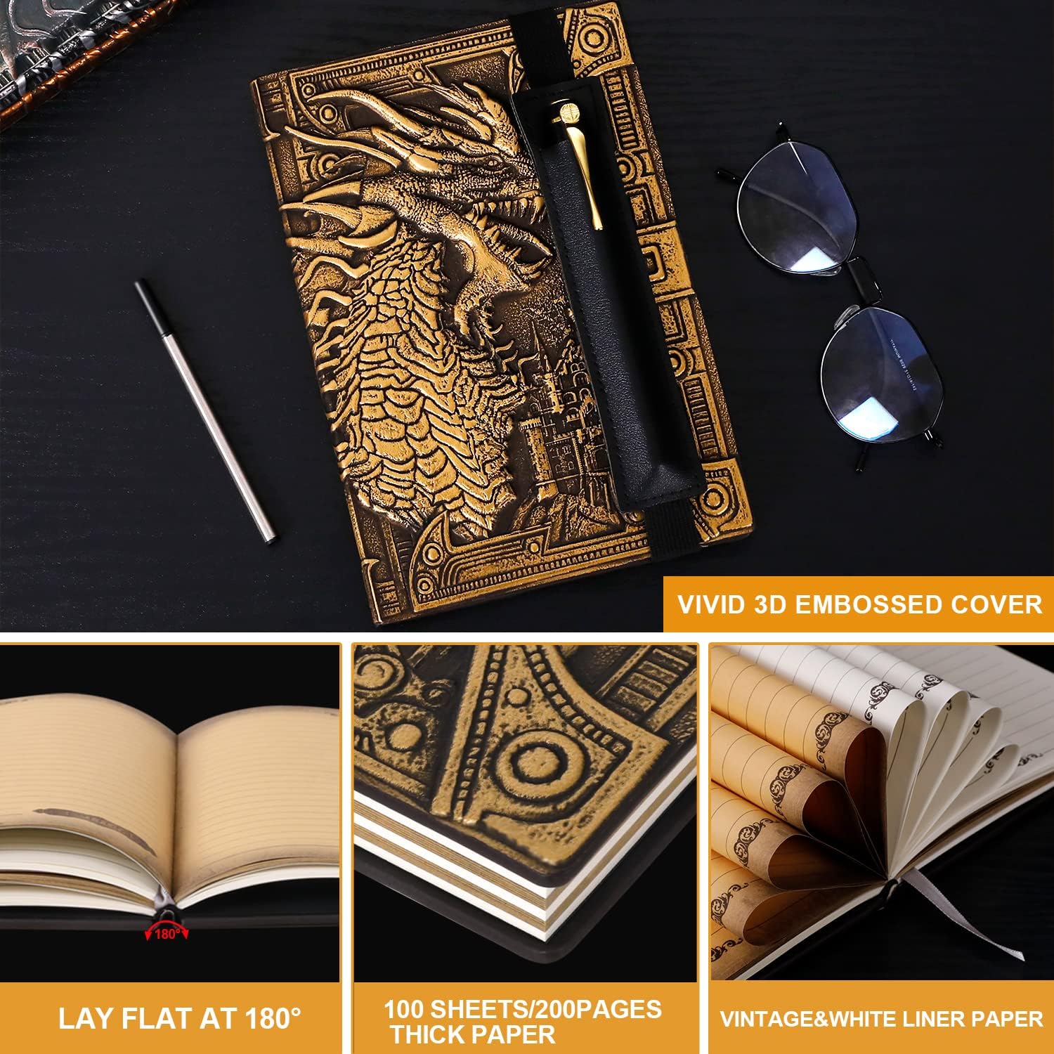 DND – Cuaderno de dragón de cuero en relieve 3D, diario de viaje vintage A5 con funda para bolígrafo y bolígrafo, diario diario diario hecho a mano