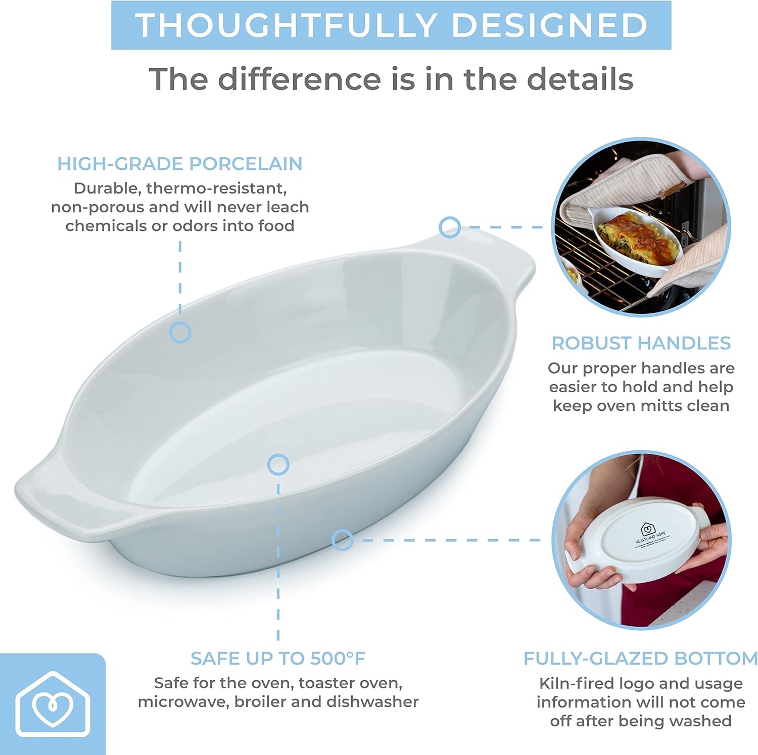 Heartland Home Plato de porcelana mini cacerola ovalada para gratinar (juego de 4 piezas). Plato para hornear coliflor, cuencos partidos de plátano,