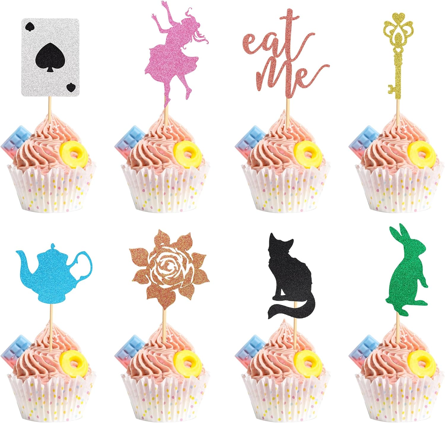 Arthsdite 24 piezas de decoración para cupcakes de Alicia en el país de las maravillas con purpurina, tetera, llave, póquer, conejo, gato, flor,