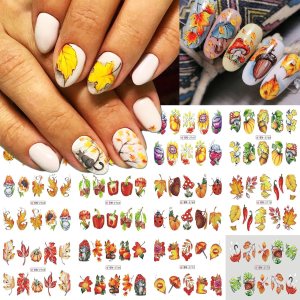 12 hojas de calcomanías de arte de uñas de otoño, hojas de arce, hojas de transferencia de agua, hojas de otoño, calabaza, piña, diseño de uñas, 12 hojas de calcomanías de arte de uñas de otoño, hojas de arce, hojas de transferencia de agua, hojas de otoño, calabaza, piña, diseño de uñas,