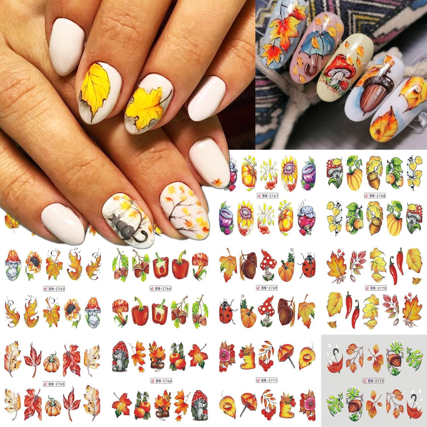 12 hojas de calcomanías de arte de uñas de otoño, hojas de arce, hojas de transferencia de agua, hojas de otoño, calabaza, piña, diseño de uñas,