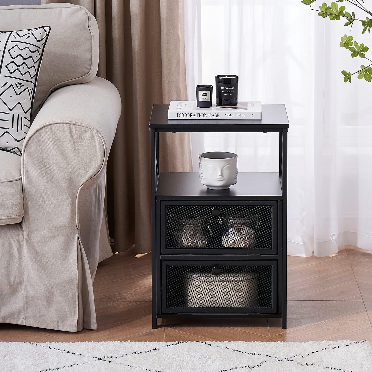 VECELO Mesita de noche, mesa auxiliar con espacio de almacenamiento y puerta, mesitas de noche modernas para sala de estar, dormitorio, mármol