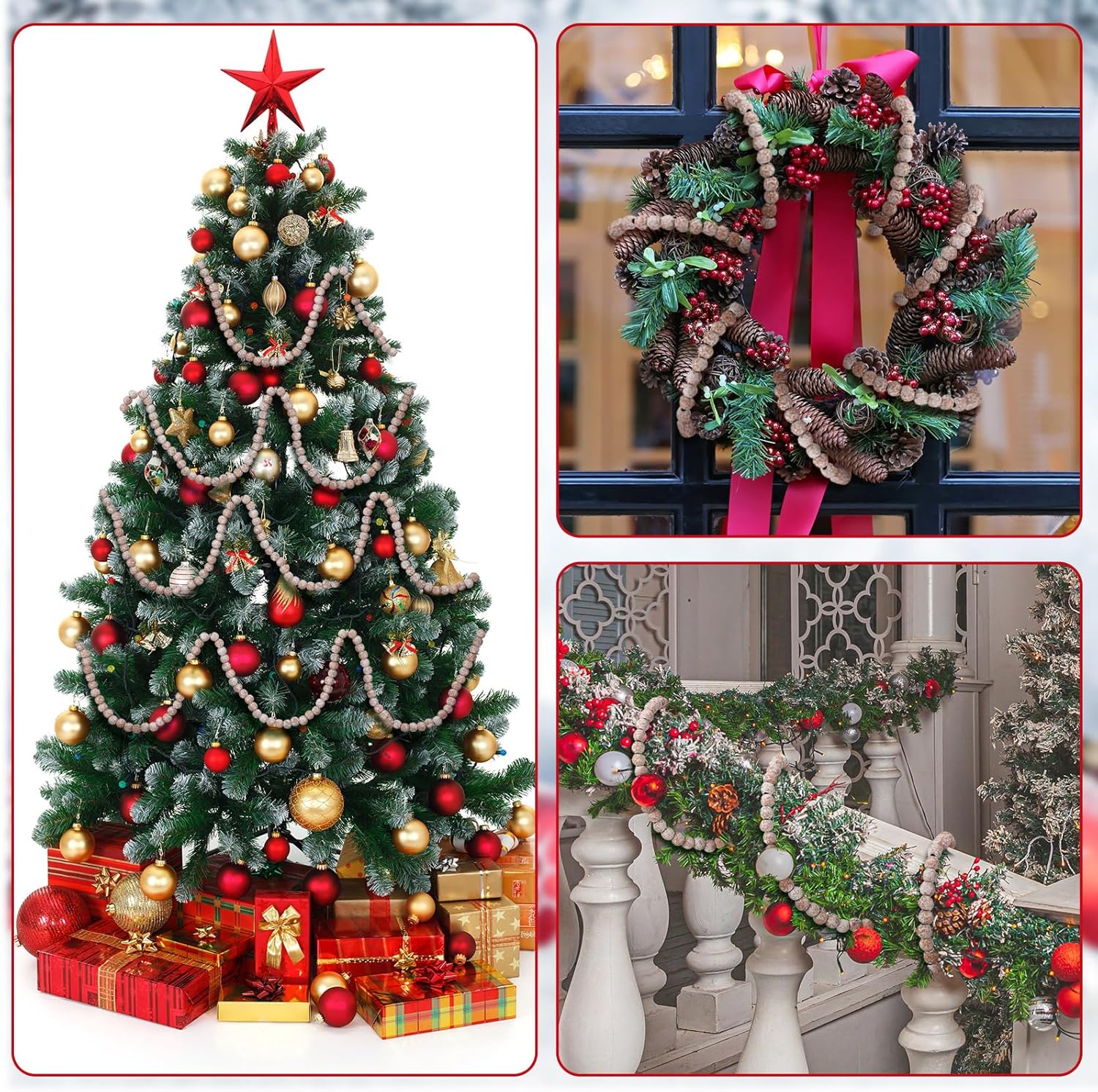 Guirnalda de cuentas de madera de Navidad bohemia de 18 pies, guirnalda de cuentas de madera natural vintage, guirnalda decorativa rústica para