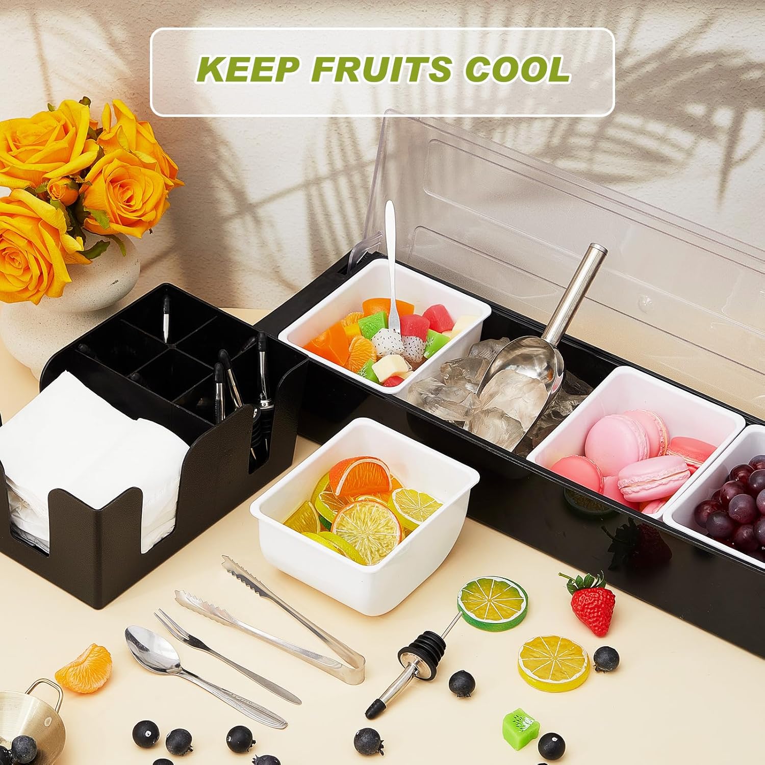 Nuanchu Contenedor de servir condimentos refrigerado por hielo, cuchara de acero inoxidable para hielo, 3 pinzas para servir, 3 tenedores de