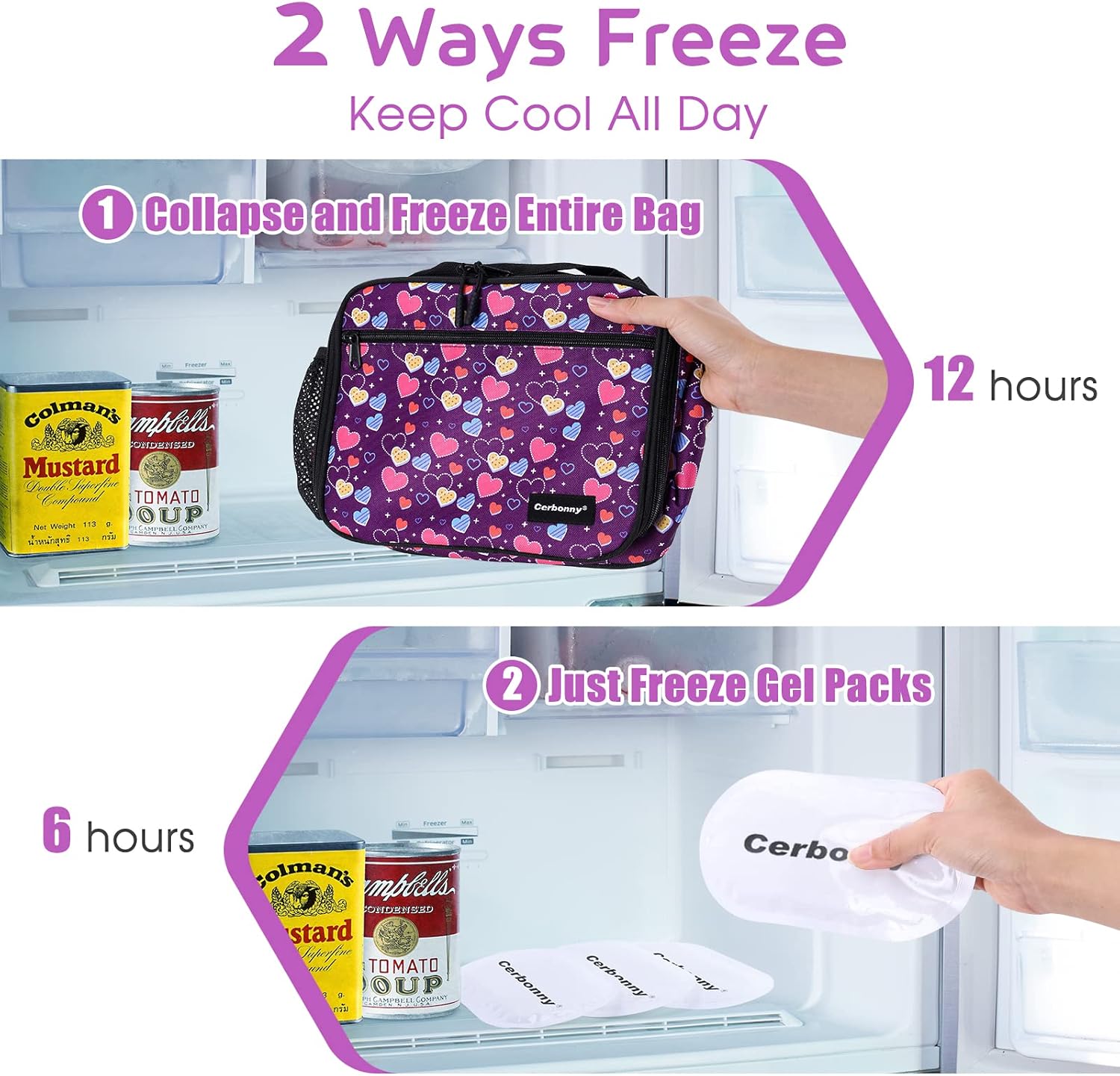 Cerbonny Lonchera congelable, Purple-B-P, pequeña bolsa aislada con paquetes de gel desmontables, bolsa de almuerzo más fresca para la escuela, el