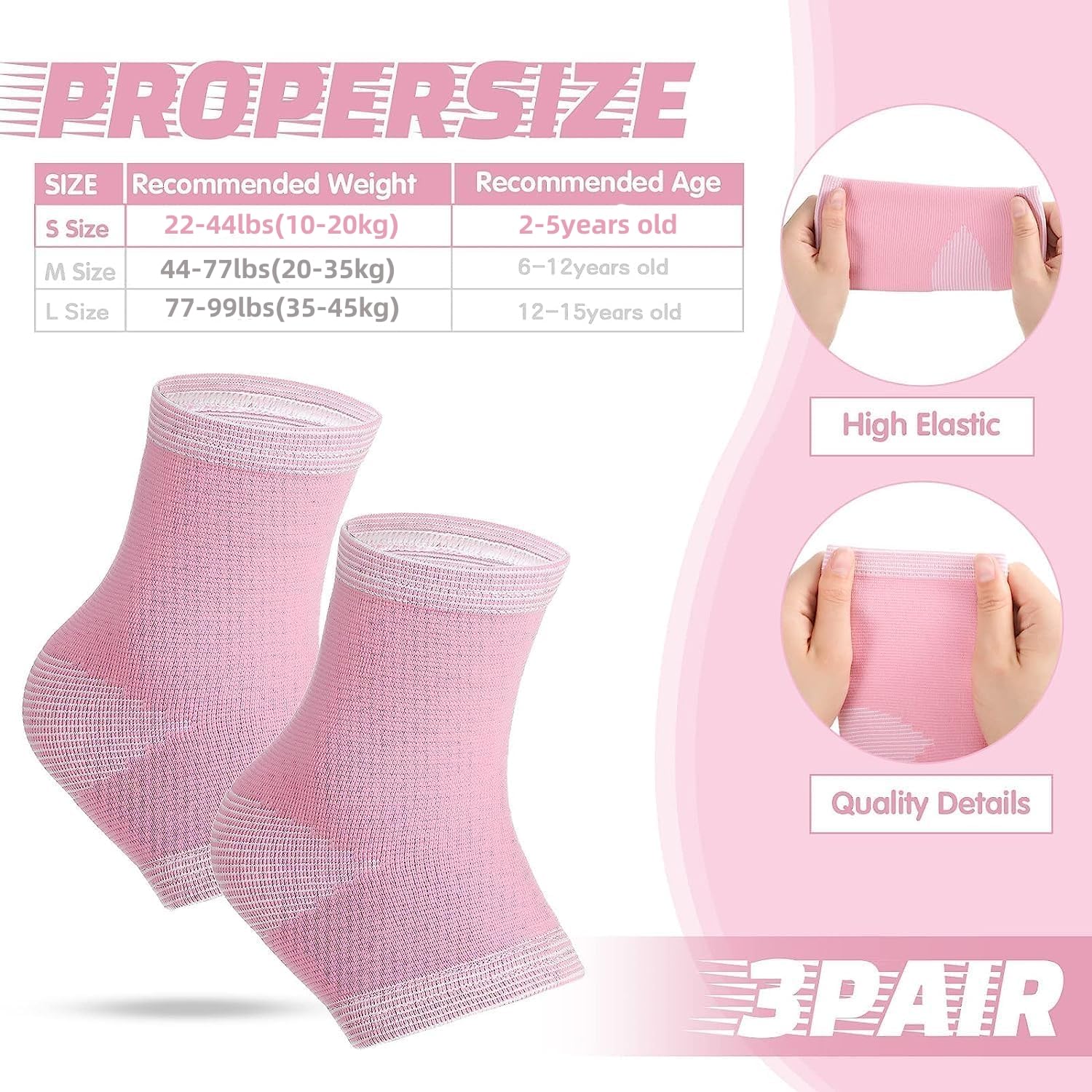 3 pares de mangas de compresión de tobillo para niños, tobilleras de compresión, soporte de arco de pie, calcetines para niñas, tobilleras,