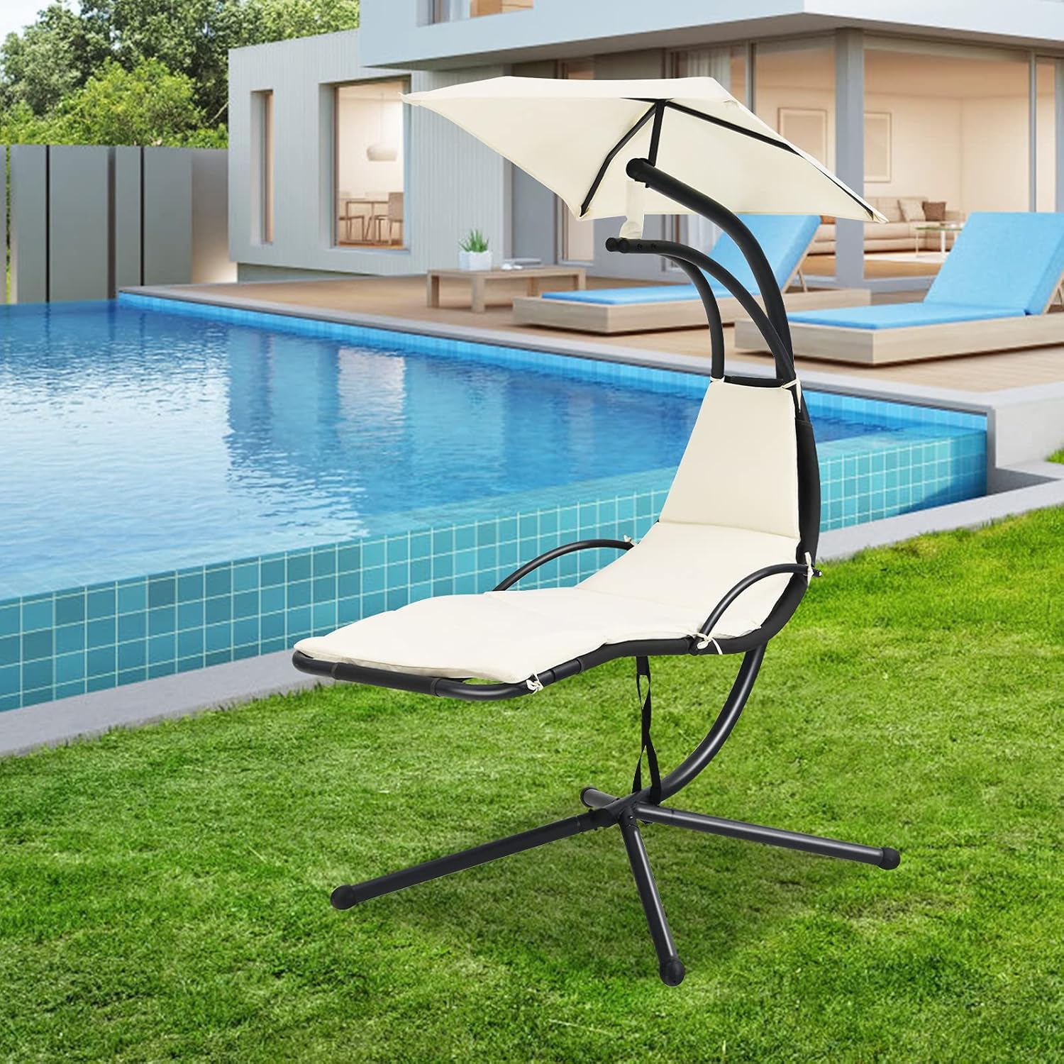 Giantex Tumbona colgante para exteriores, silla hamaca de patio con toldo extraíble, cojín y cuerda anticaída, hamaca colgante de arco para patio,