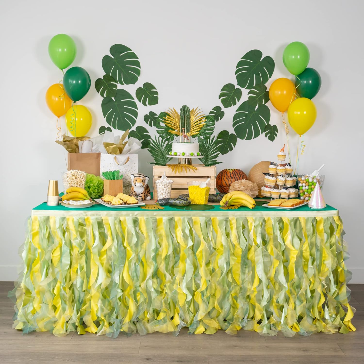 BLUEKATE Falda de mesa verde limón. Falda de mesa de 6 pies con organza de doble capa. Decoraciones temáticas de selva, cumpleaños, decoraciones de