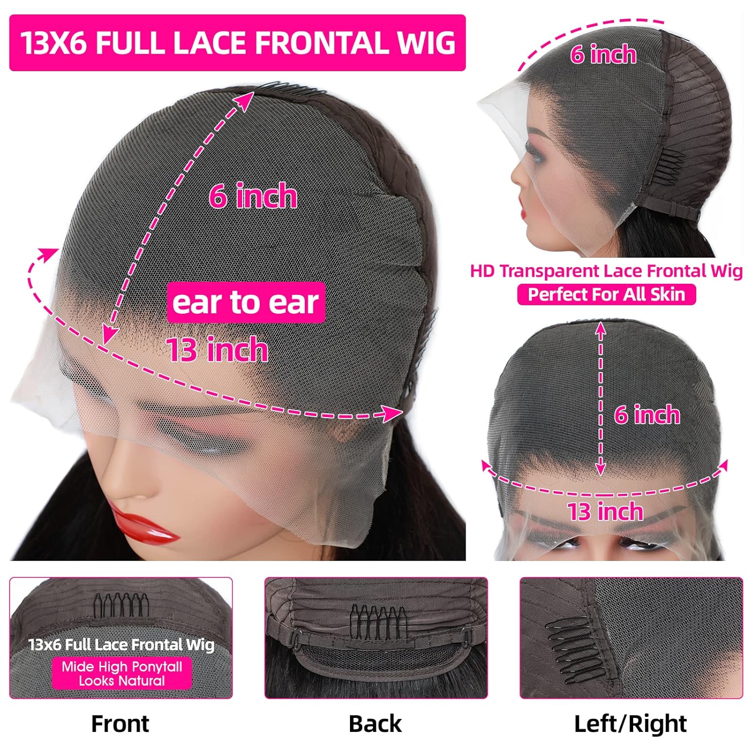 Lemoda Pelucas de cabello humano lacio con encaje frontal transparente HD de 13 x 6 pulgadas, densidad 180, peluca frontal de encaje frontal