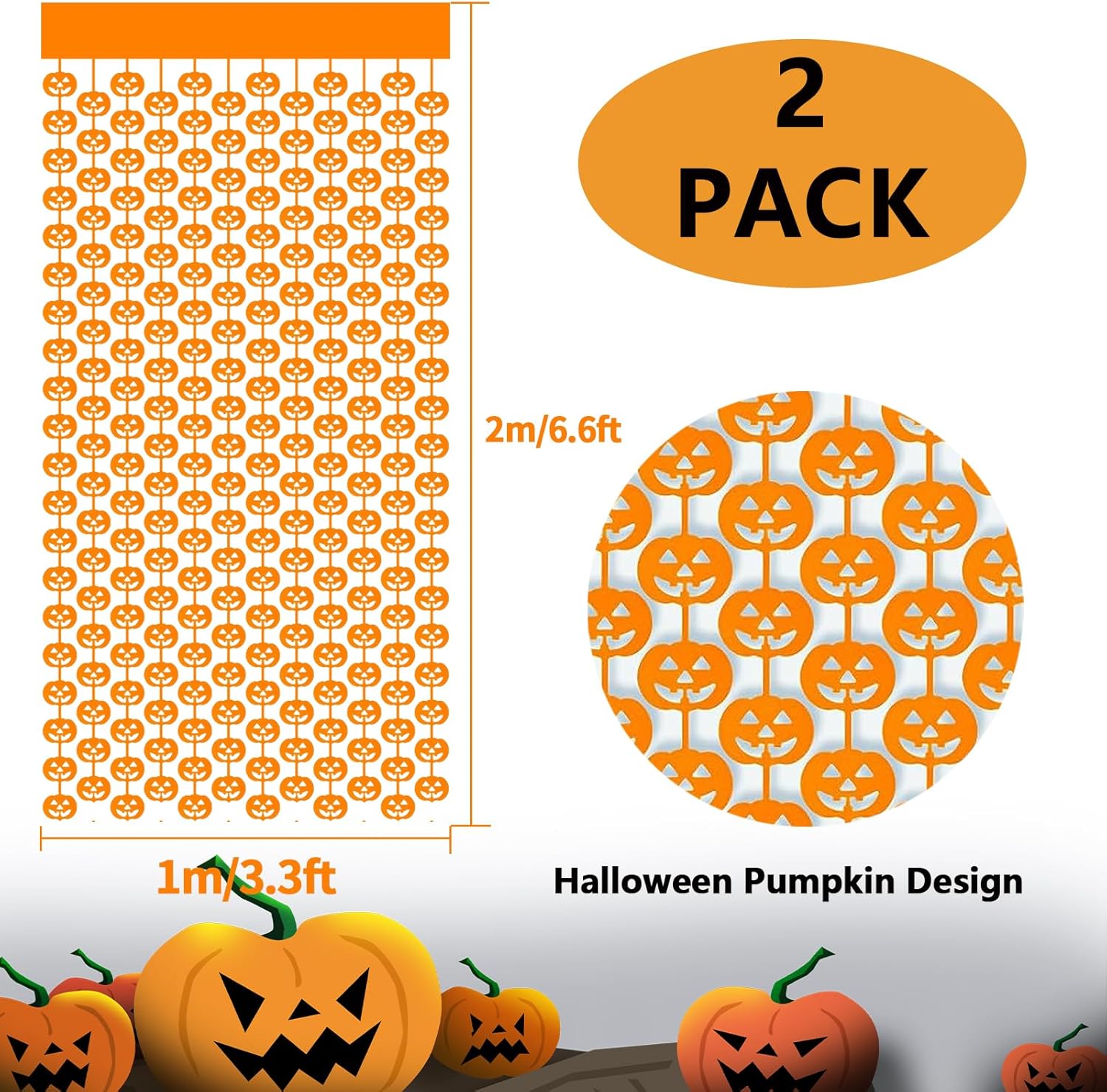 Paquete de 2 cortinas de flecos metálicos de Halloween de 3.2 x 6.6 pies, cortinas de oropel en forma de calabaza naranja, accesorios para fotos,