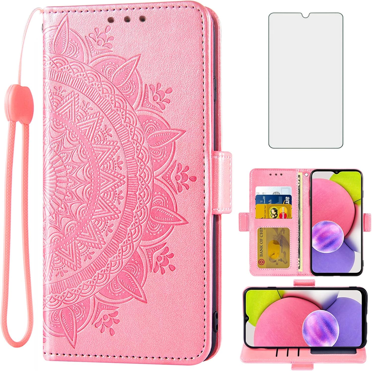 Asuwish Compatible con Samsung Galaxy A02s – Funda tipo cartera de vidrio templado, protector de pantalla para tarjetas de crédito, correa de muñeca