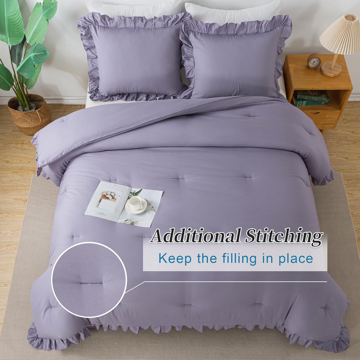 Andency – Juego de edredón morado lavanda grisáceo tamaño King, 3 piezas, ropa de cama de microfibra con volantes, unicolor, ligera, esponjosa y