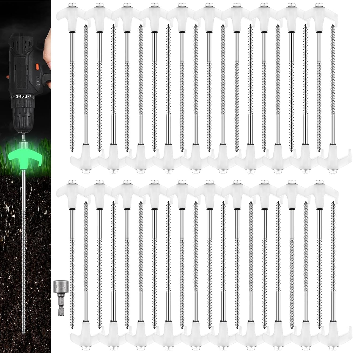 Juego de 40 estacas de 8 pulgadas para tienda de campaña de 8 pulgadas, estacas de metal roscadas estilo tornillo que brilla en la oscuridad,