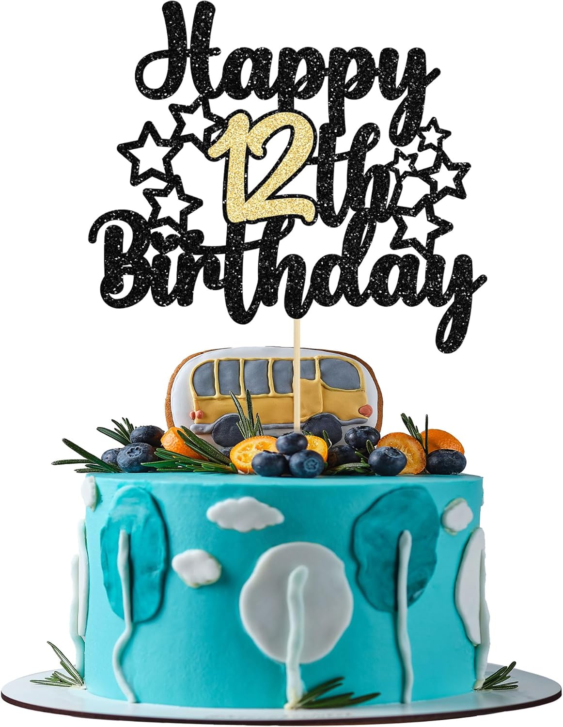 Gyufise 1 decoración para pastel de cumpleaños número 12, color negro y dorado con purpurina para felicitaciones a los 12 años de cumpleaños, 12