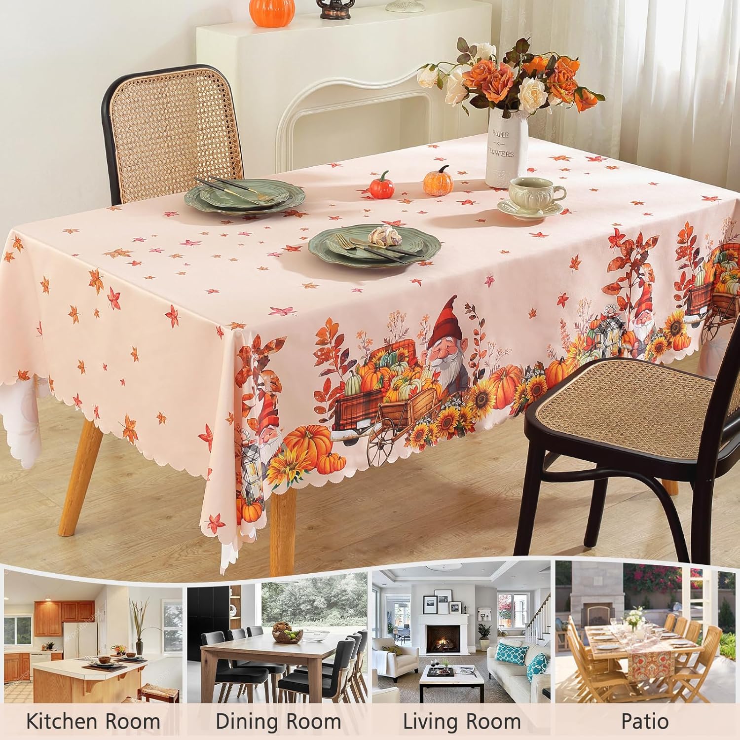 Mantel rectangular de Acción de Gracias, hojas de otoño y calabazas, impermeable y lavable, para cosecha, vacaciones, cena, fiesta, decoración en