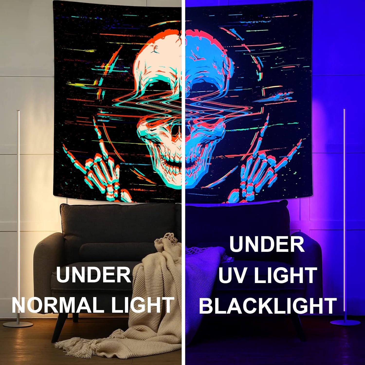 Faxdong Tapiz de calavera con luz negra, tapiz de esqueleto hippie reactivo a los rayos UV, tapiz de roca y rollo para decoración de dormitorio, 36