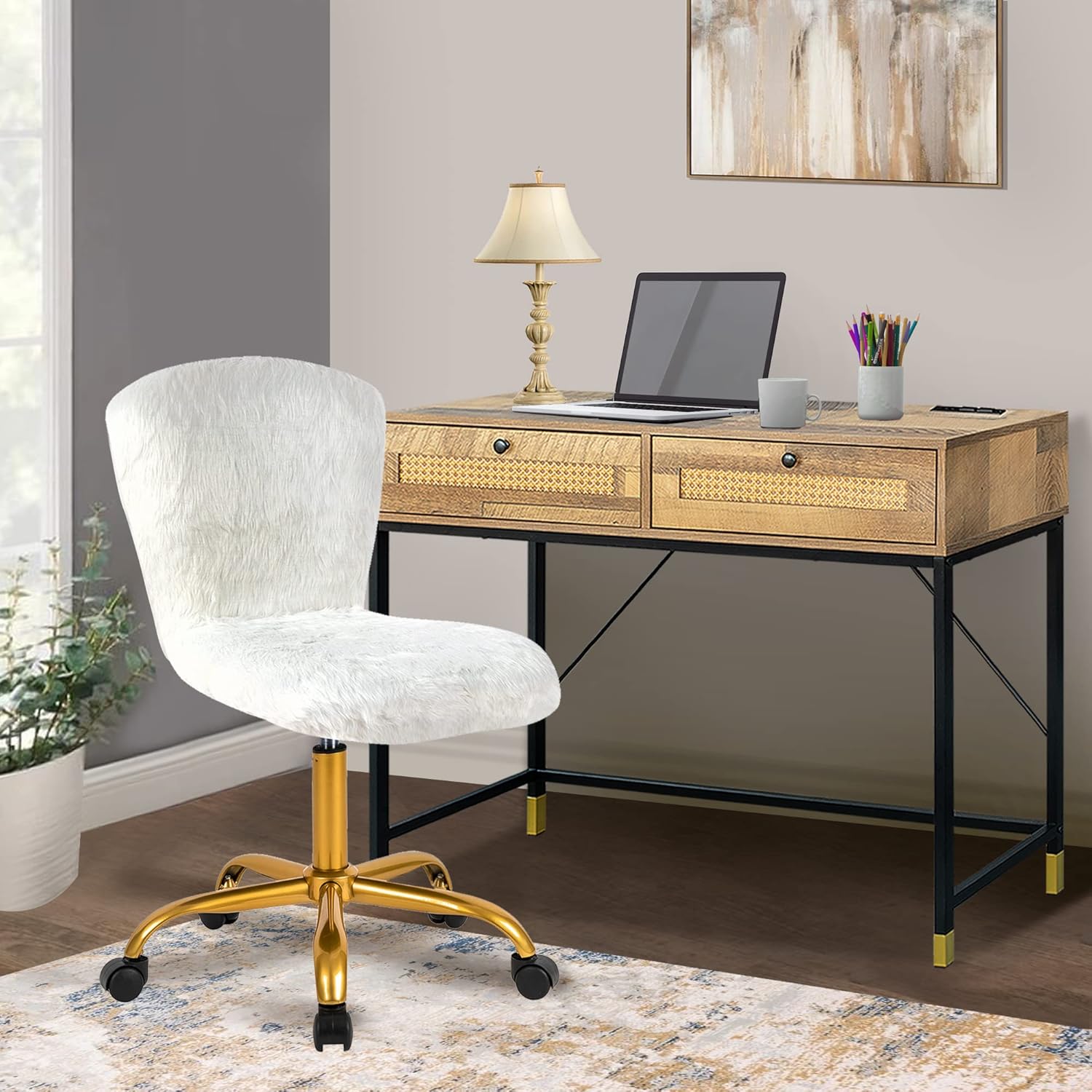 GIA Silla giratoria ajustable de respaldo medio con piel sintética, tamaño de asiento mejorado para adultos, color blanco