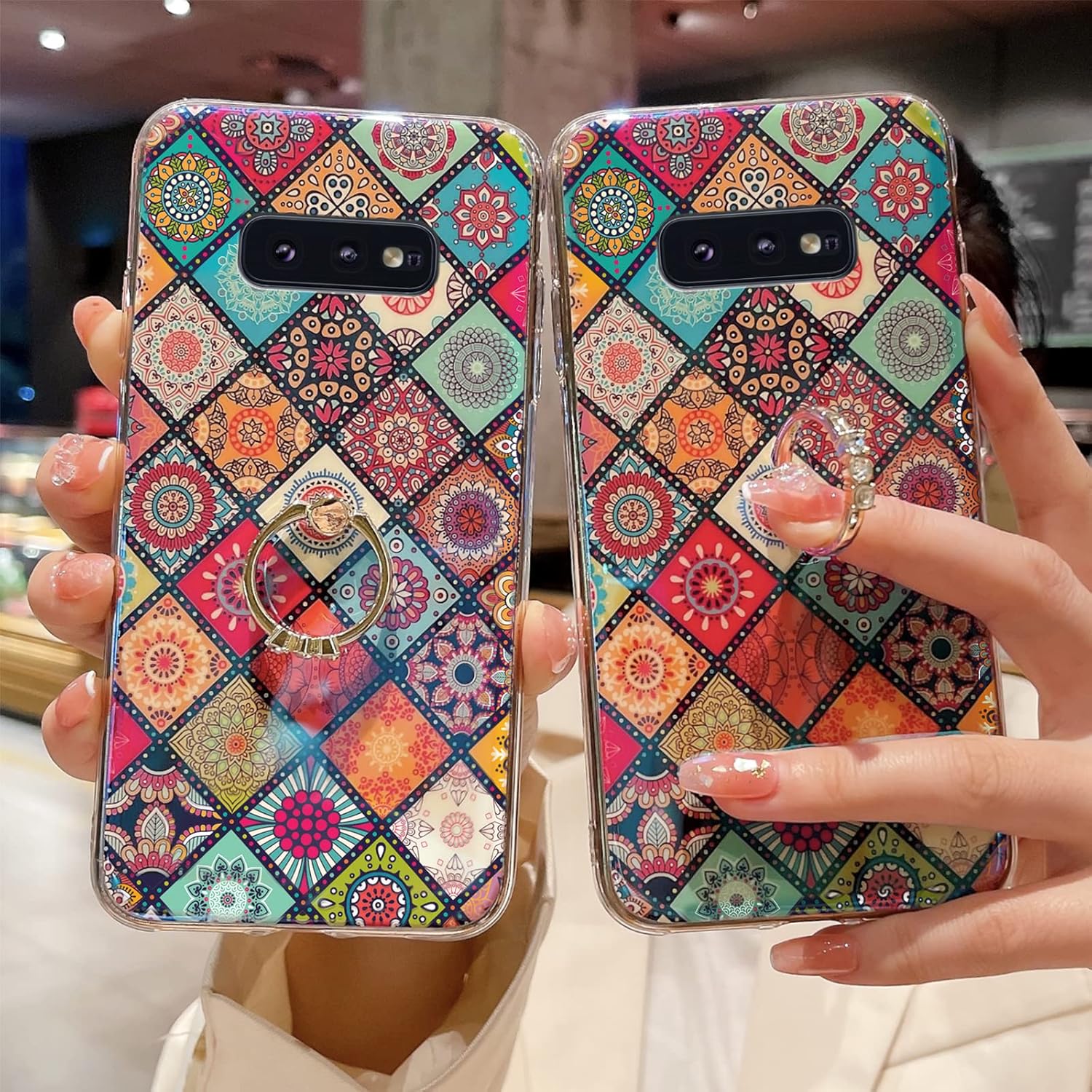 Funda para Samsung S10E (no S10), a prueba de golpes, funda de protección para adolescentes y mujeres con bonito anillo dorado soporte de flor