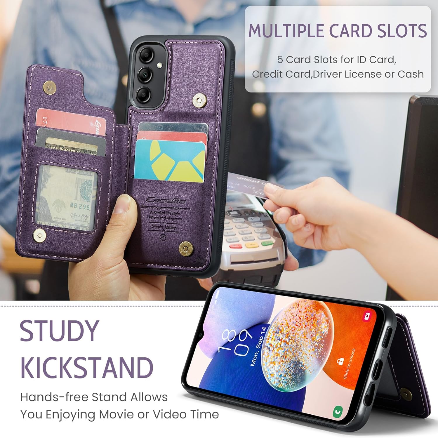 Para Samsung Galaxy A14 5G Wallet Case RFID Bloqueo PU Funda De Cuero Con Soporte Magnético Para Tarjeta Flip Kickstand Delgado A Prueba De Golpes