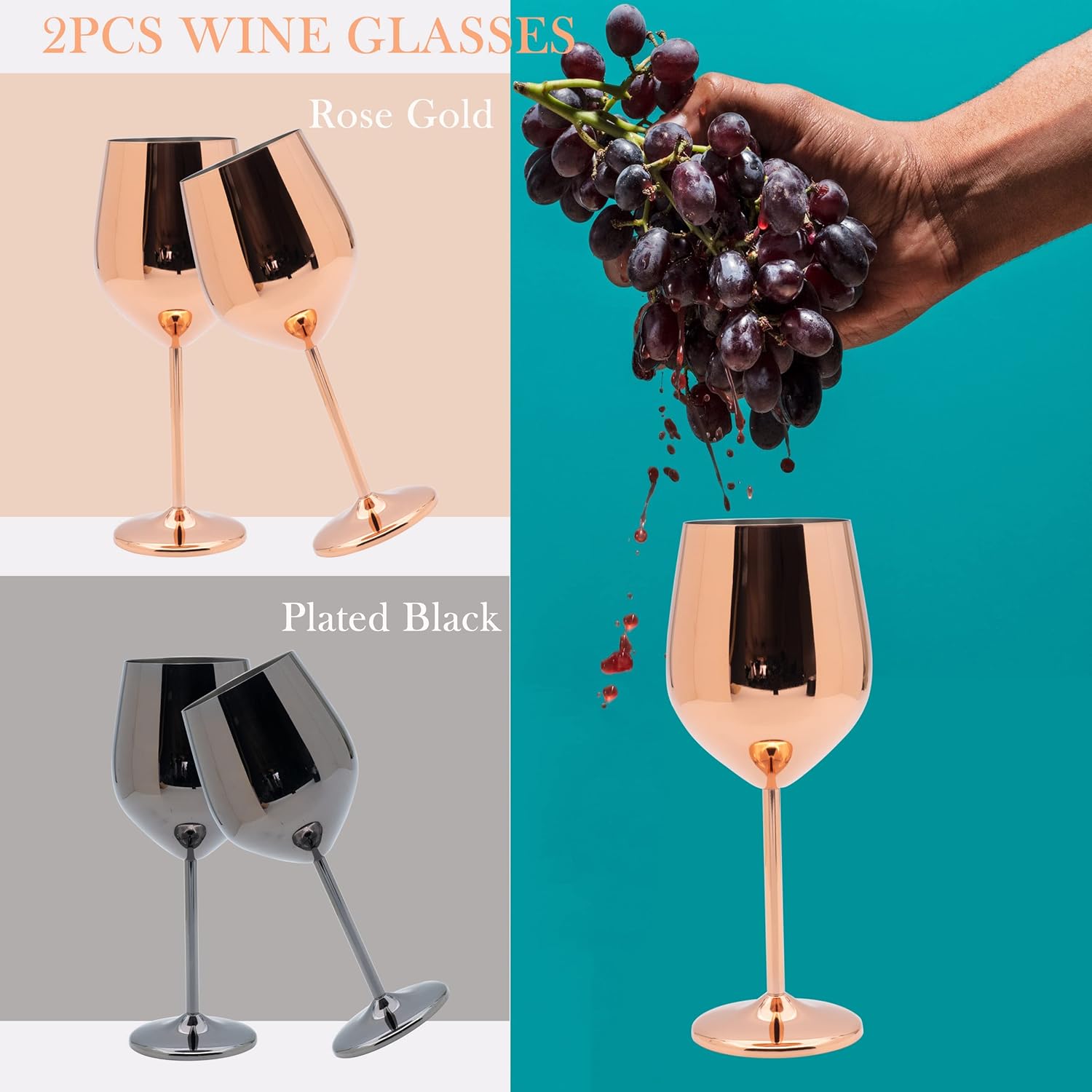 Copas de vino con tallo de acero inoxidable, 2 unidades, copas de vino de acero inoxidable para fiestas, oficina, boda, aniversario, ideal para vino