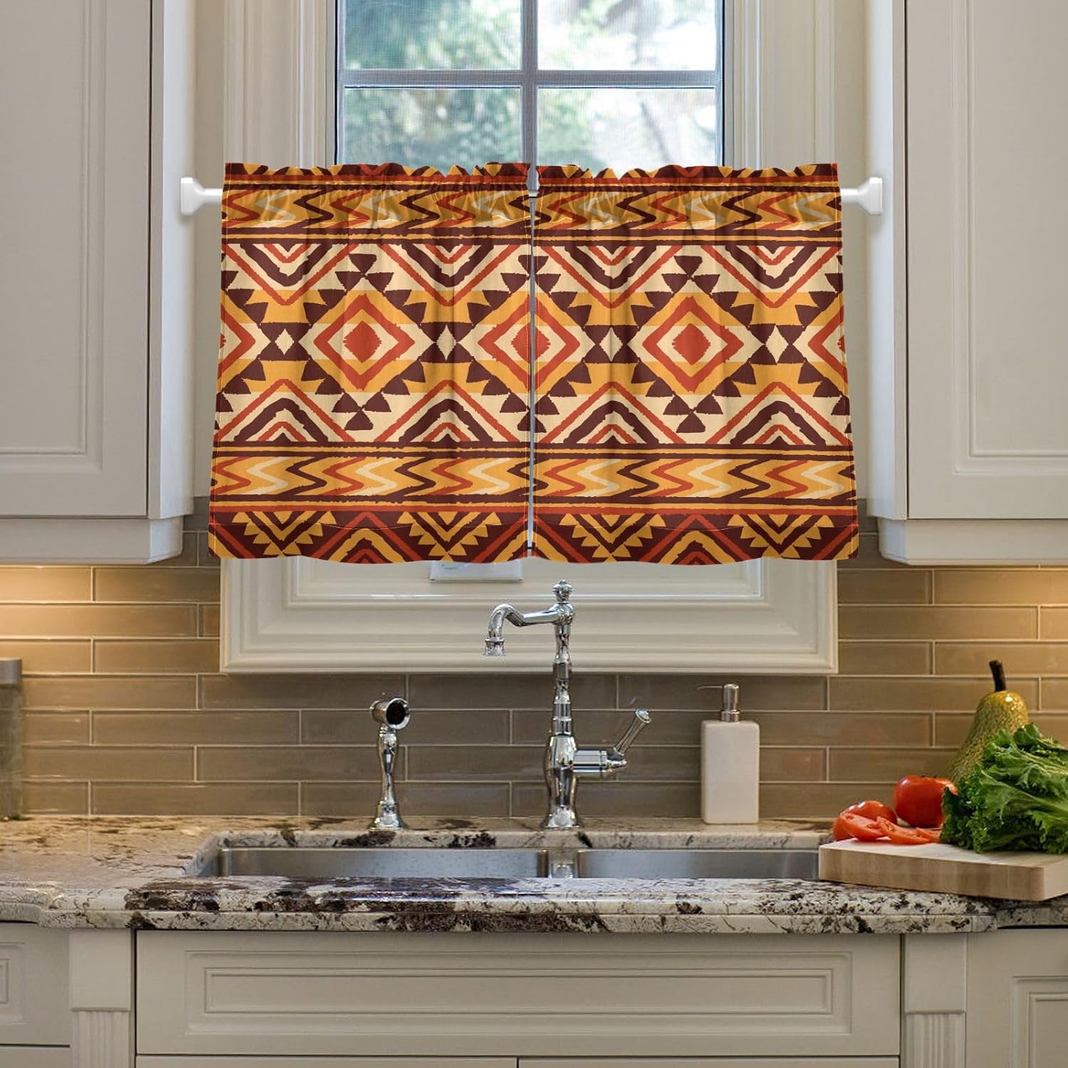 Cortinas de cocina de 36 pulgadas de largo, diseño geométrico tribal africano, 2 paneles, cortinas transparentes para media ventana, bolsillo para