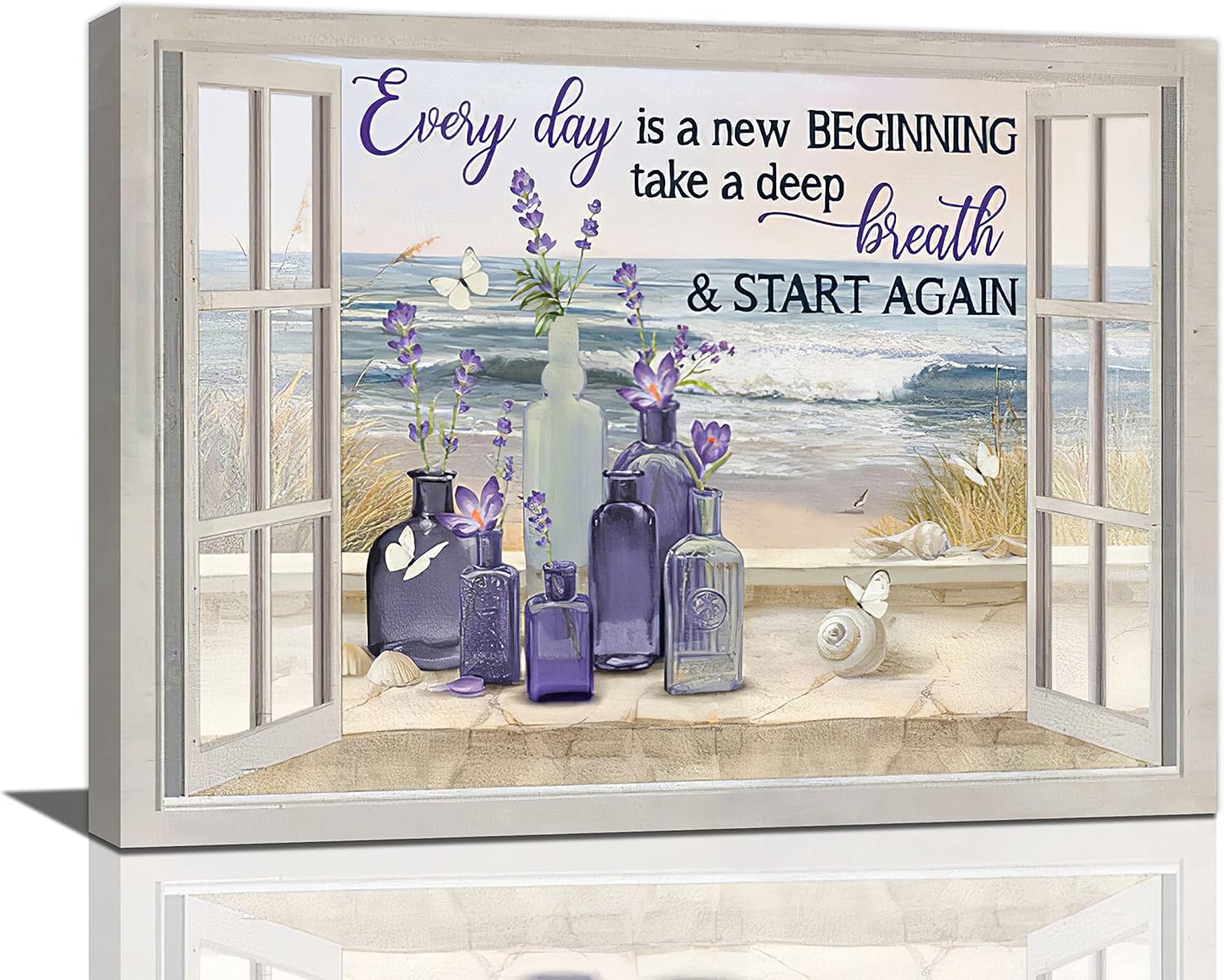 Decoración de pared de flores de lavanda de granja, arte de pared rústico, mariposa, morado, ventana, playa, cuadros para decoración de pared,