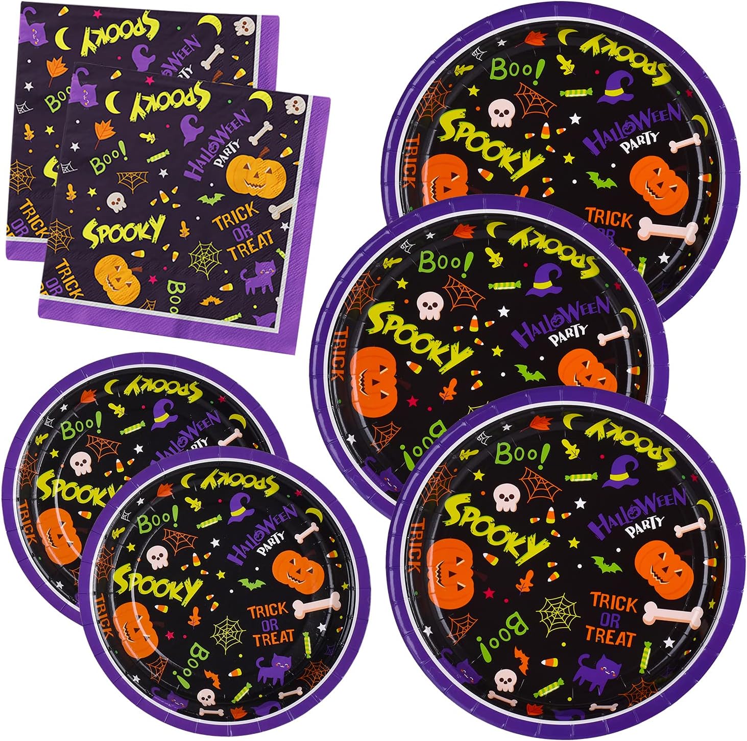 Gatherfun Suministros de fiesta de Halloween, platos de papel desechables, servilletas para decoraciones espeluznantes de fiesta de Halloween,