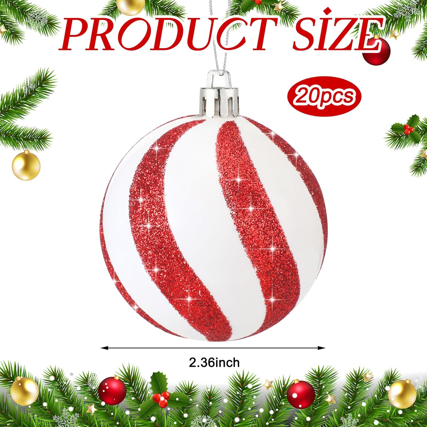 20 bolas de Navidad de 2.36 pulgadas, colgantes de plástico, adornos colgantes para árbol de Navidad, bolas rojas y blancas de menta para árbol de
