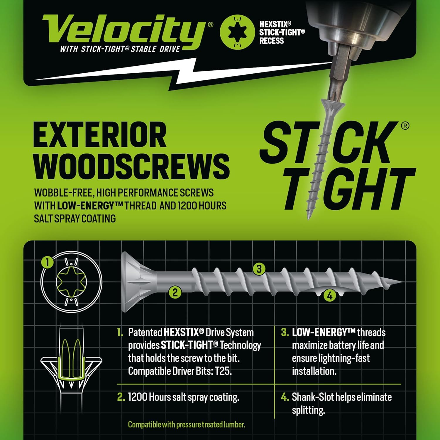 Velocity – Tornillo de madera exterior de 5 libras, tornillo de madera fabricado con acero al carbono, incluye 1 broca Hexstix y organizador de