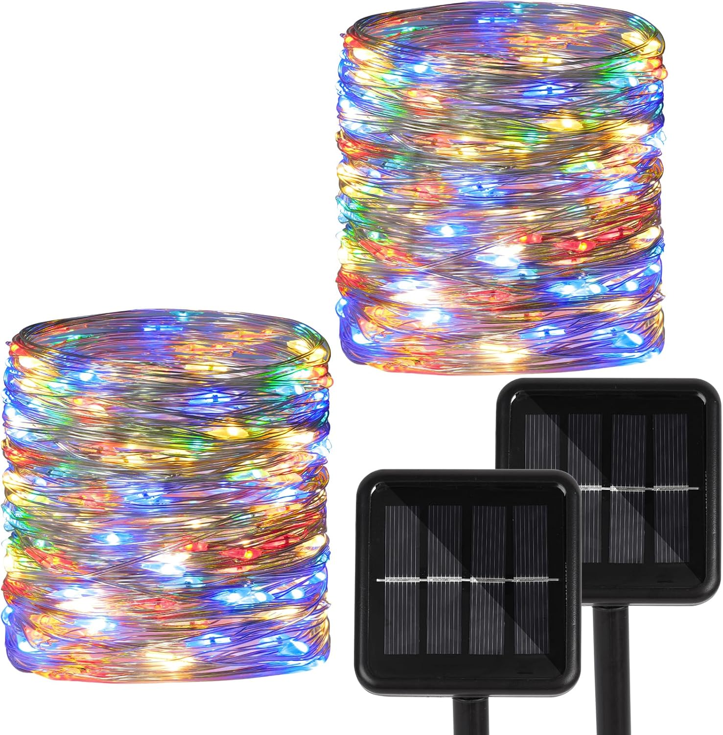 Paquete de 2 tiras de 200 luces LED con energía solar, alambre de cobre impermeable para exteriores, 8 modos, luces de hadas para jardín, patio,