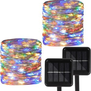Paquete de 2 tiras de 200 luces LED con energía solar, alambre de cobre impermeable para exteriores, 8 modos, luces de hadas para jardín, patio, Paquete de 2 tiras de 200 luces LED con energía solar, alambre de cobre impermeable para exteriores, 8 modos, luces de hadas para jardín, patio,