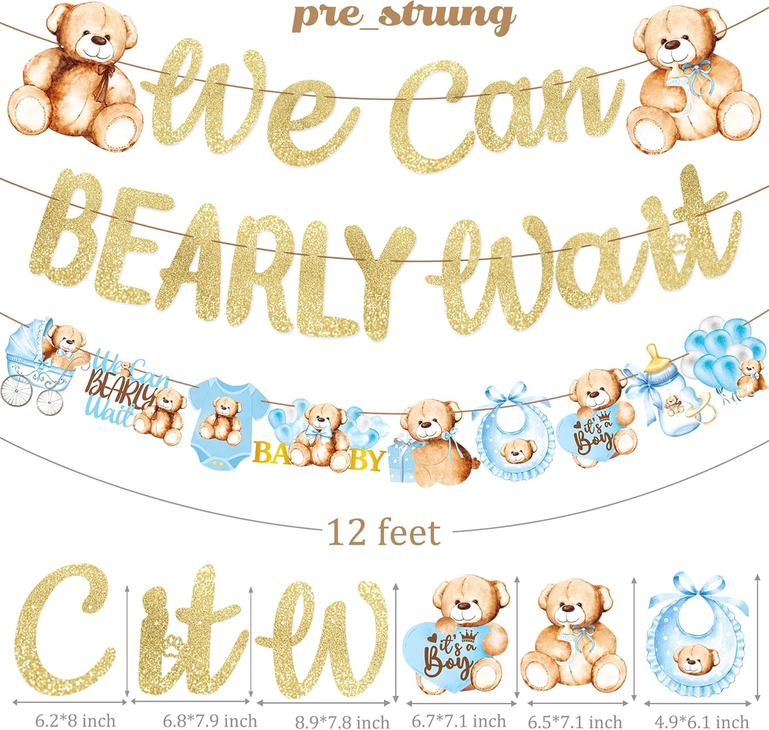 Cartel de oso de peluche para baby shower, 3 unidades, con texto en inglés We Can Bearly Wait Baby Show, decoración de oso de peluche con purpurina