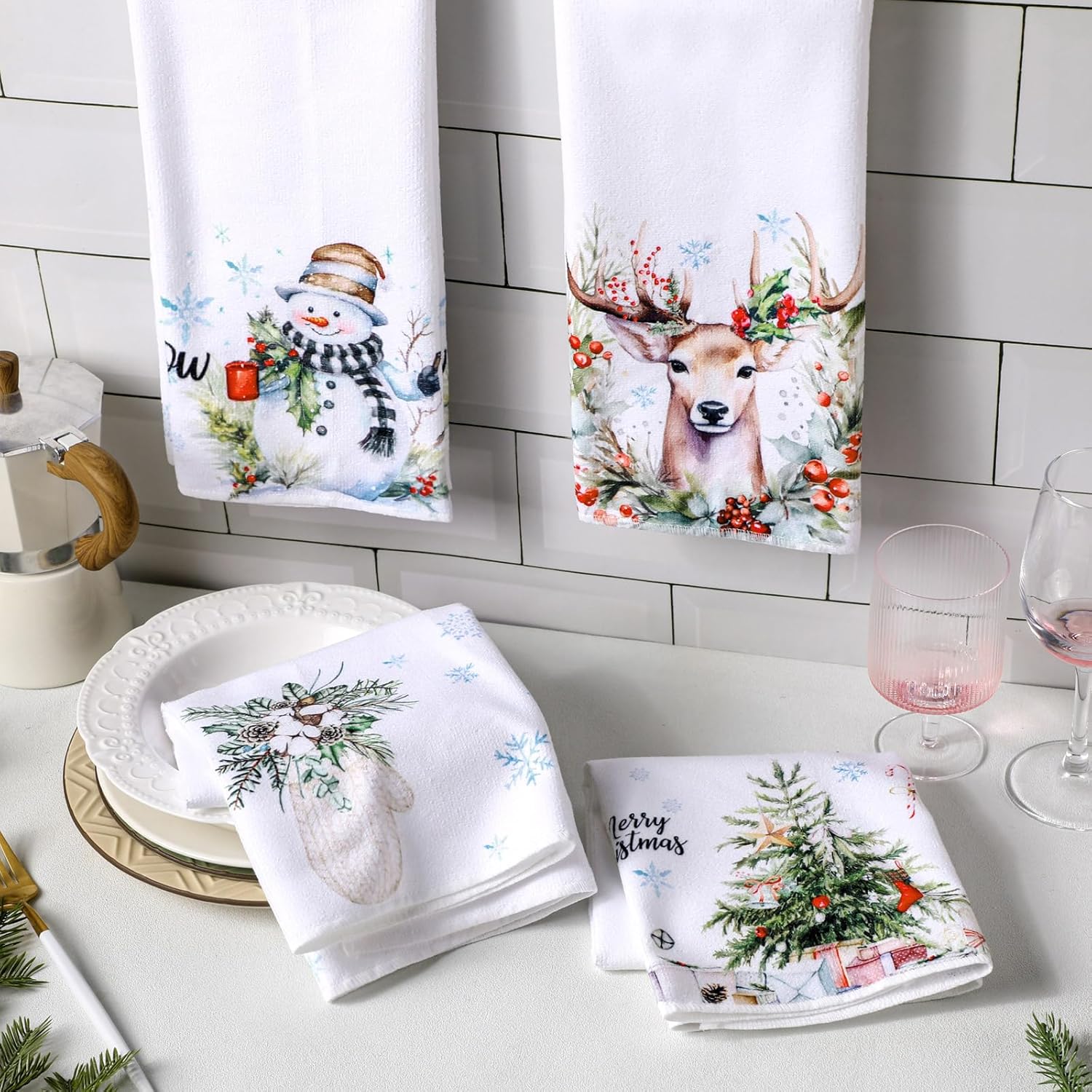 Juego de 4 toallas de cocina de Navidad de 17 x 26 pulgadas, absorbentes de Navidad, árbol de Navidad, copo de nieve, muñeco de nieve, toalla de