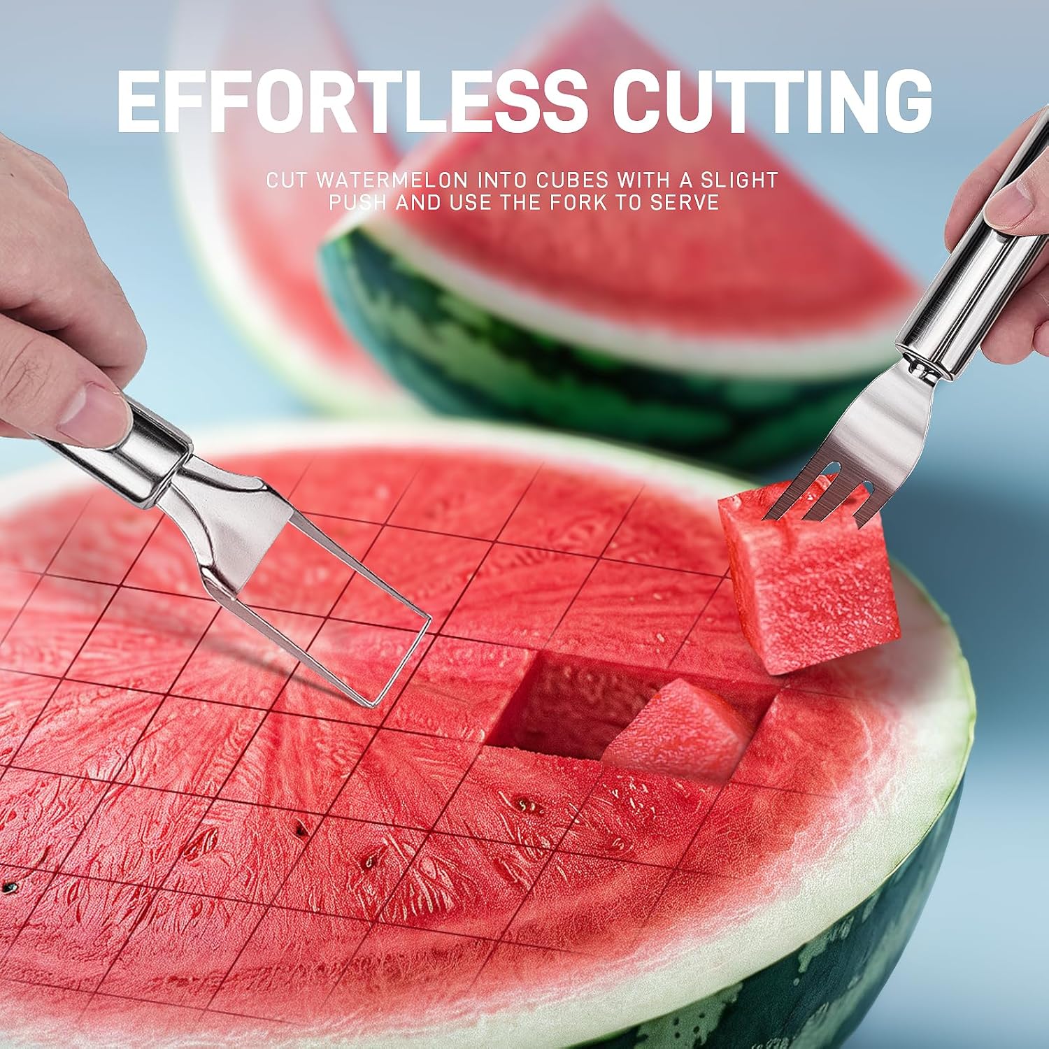 KMOSENIA Watermelon Fork Slicer Cutter, 2-In-1 Stainless Steel Fruit Cutter Tool, Kitchen Gadgets 2024, Household Essentials, Home Finds, Watermelon
