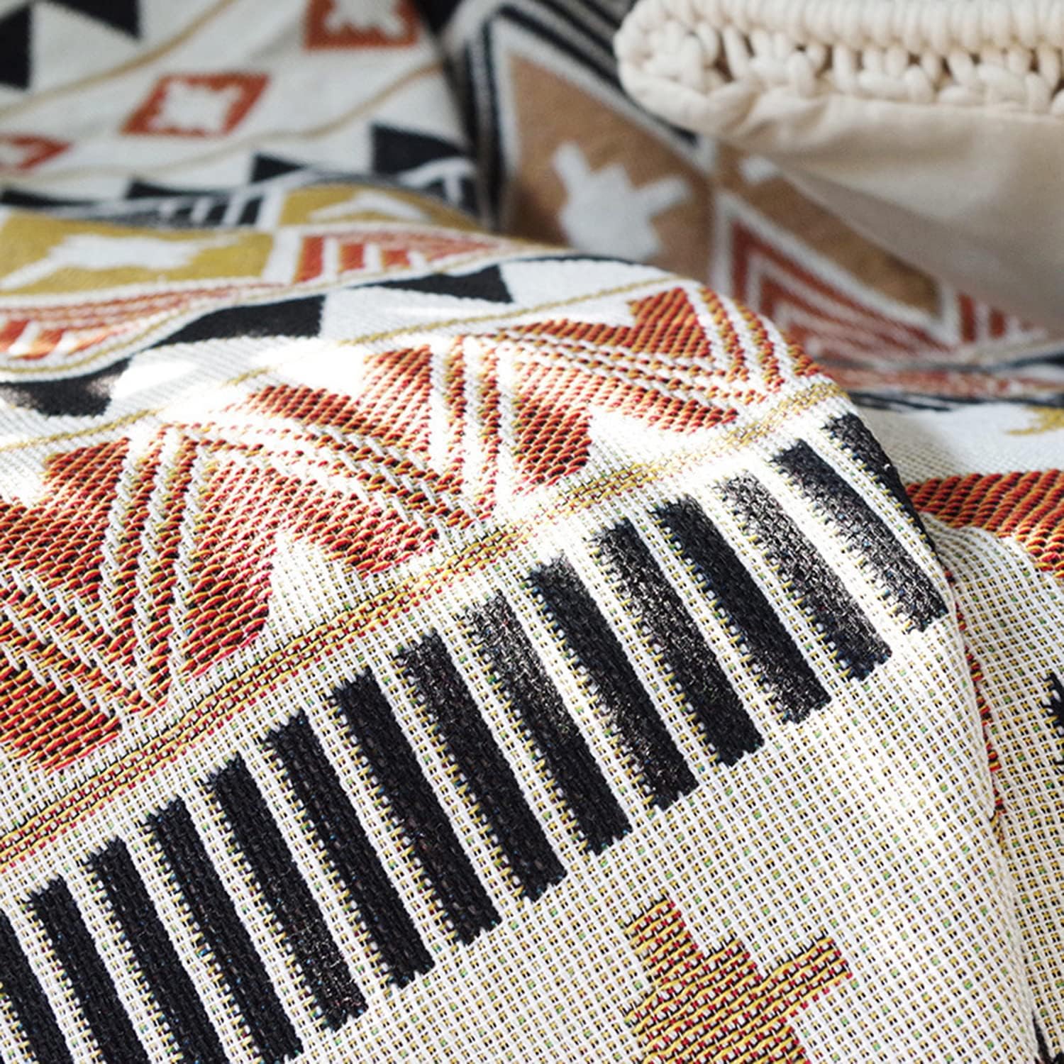 Luxlovery Manta bohemia para sofá, tejida étnica, estilo granja, bohemio, para sofá, color negro, blanco y naranja, multicolor, azteca, manta de