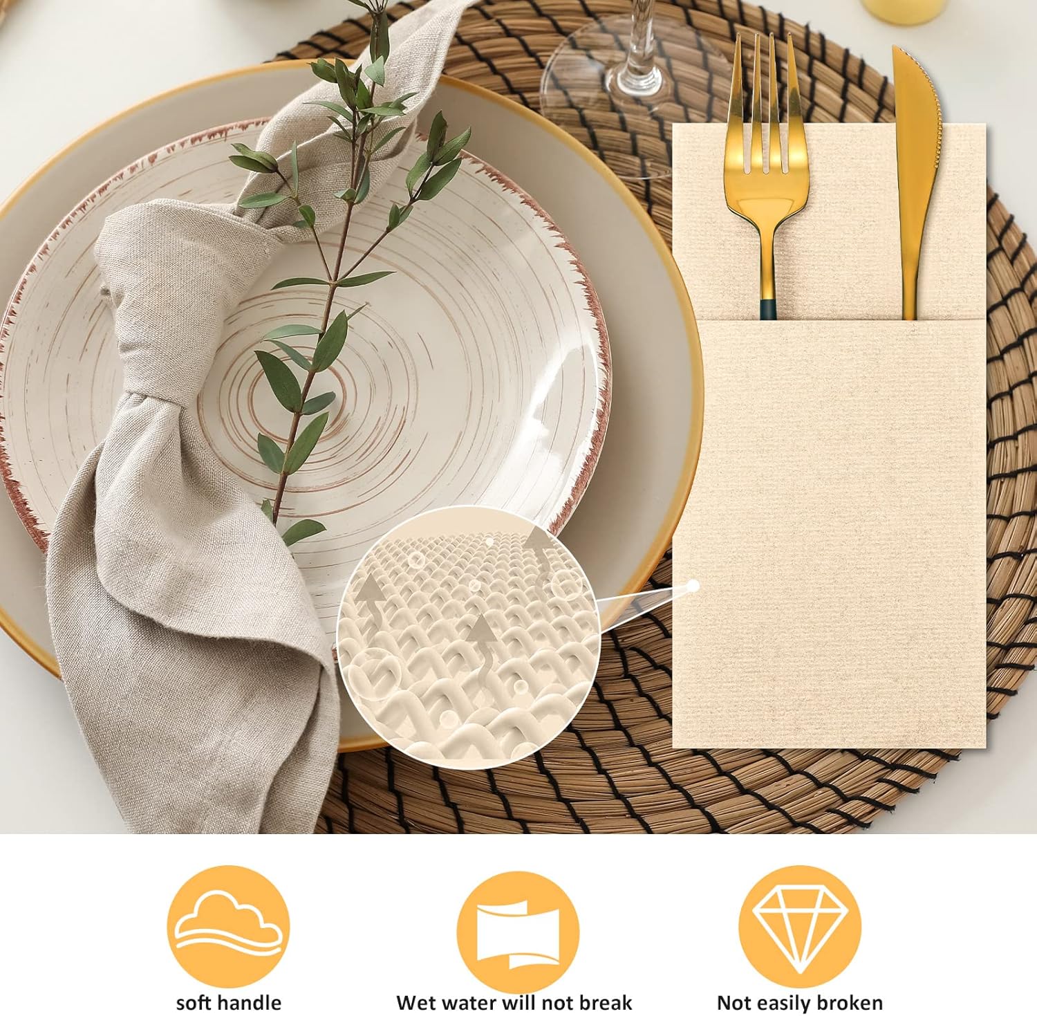 Servilletas desechables de papel Airlaid con tacto de lino, servilletas de papel preplegadas con bolsillo integrado para cubiertos para cubiertos,