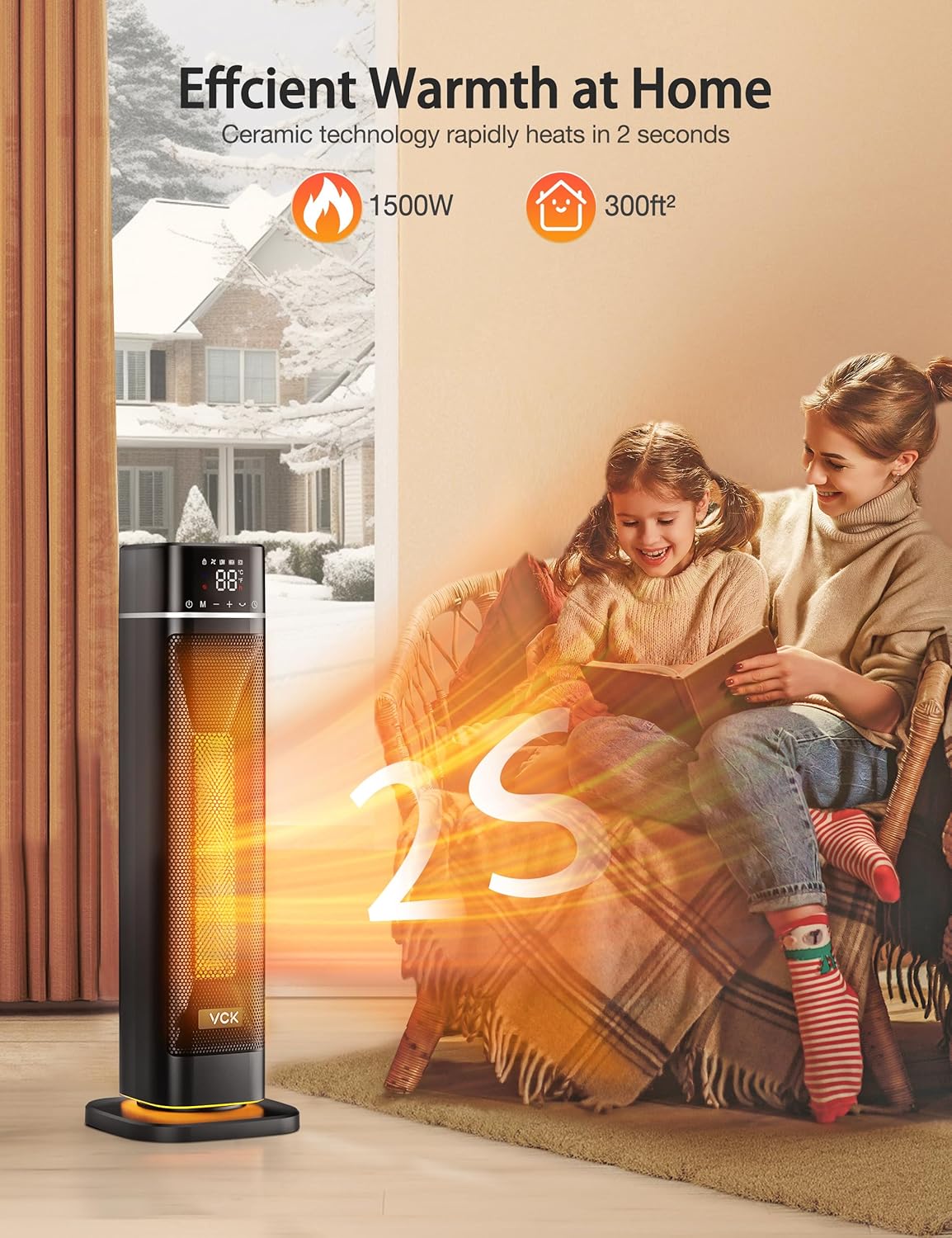 VCK – Calentador de espacio, calentador eléctrico portátil de 24 pulgadas, 12 piess con control remoto, luz nocturna, oscilación de 80, 4 modos,