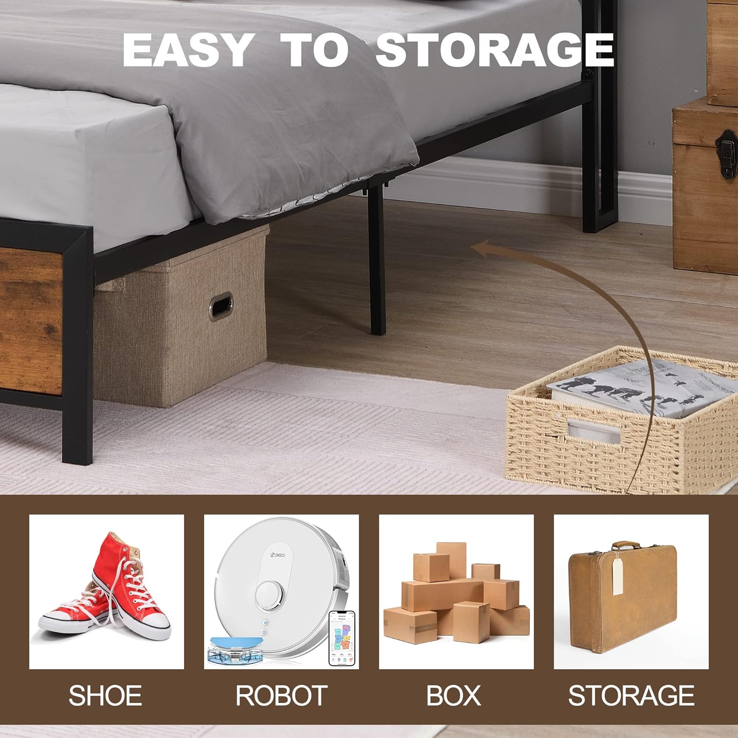 Base de cama Queen con luces LED y 2 puertos USB, base de cama de metal industrial tamaño Queen con cabecera de madera de almacenamiento de 2