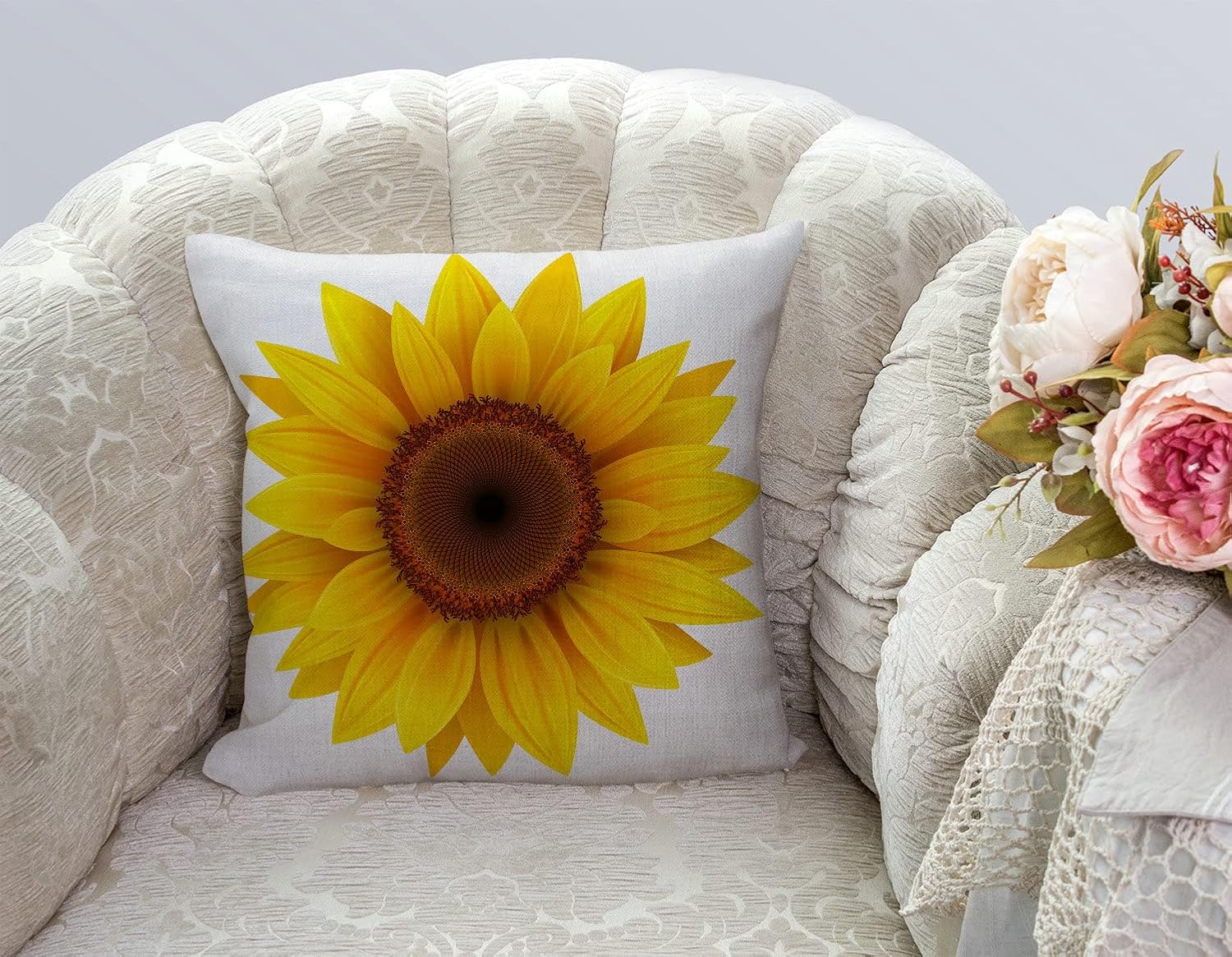 Funda de cojín de lino de arpillera de algodón con flor de girasol, funda de cojín para sofá, decoración al aire libre, cuadrada, 18 x 18 pulgadas