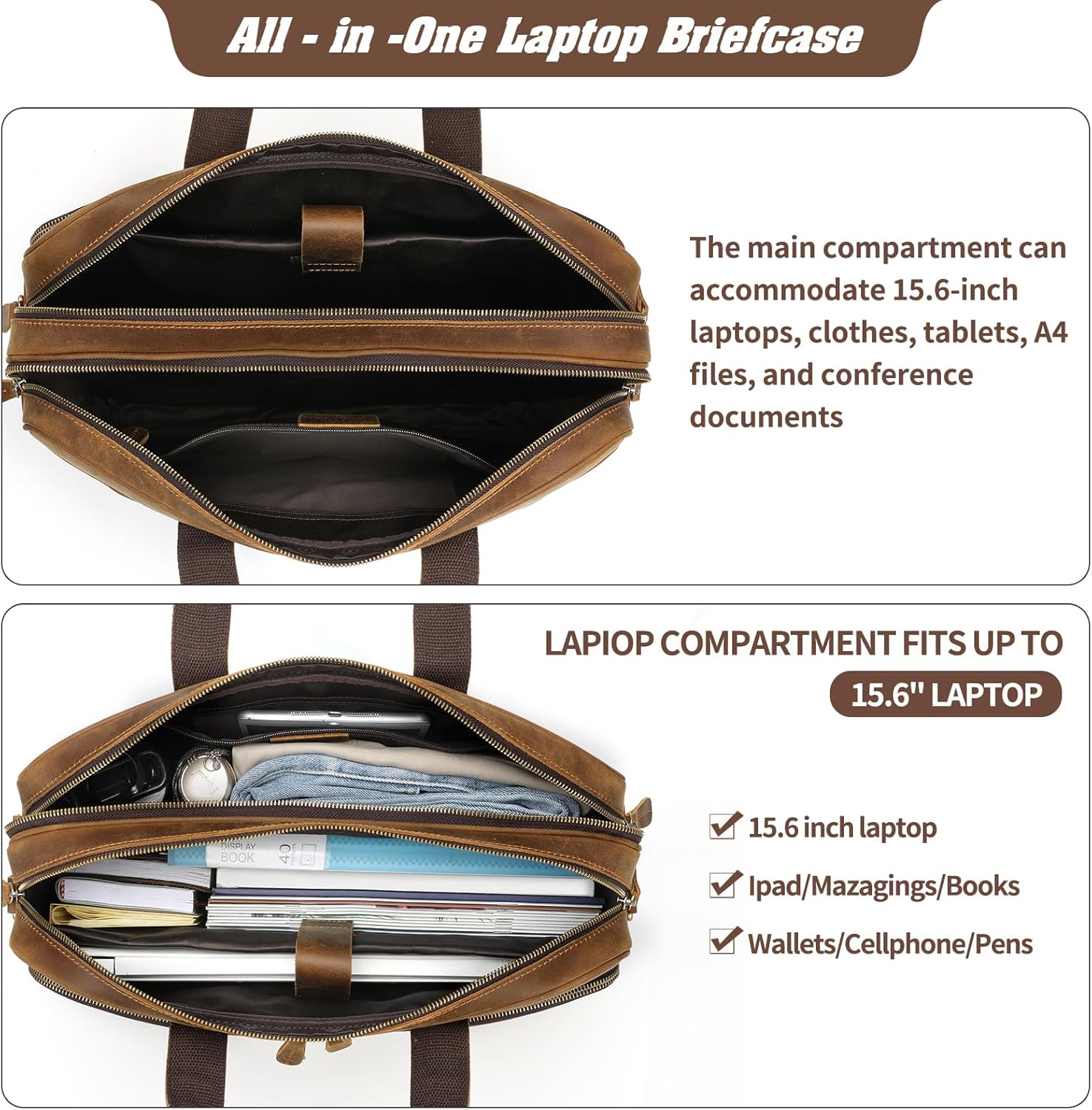 Jack&Chris Maletín de cuero para hombres, bolsas de mensajero para laptop de viaje de negocios