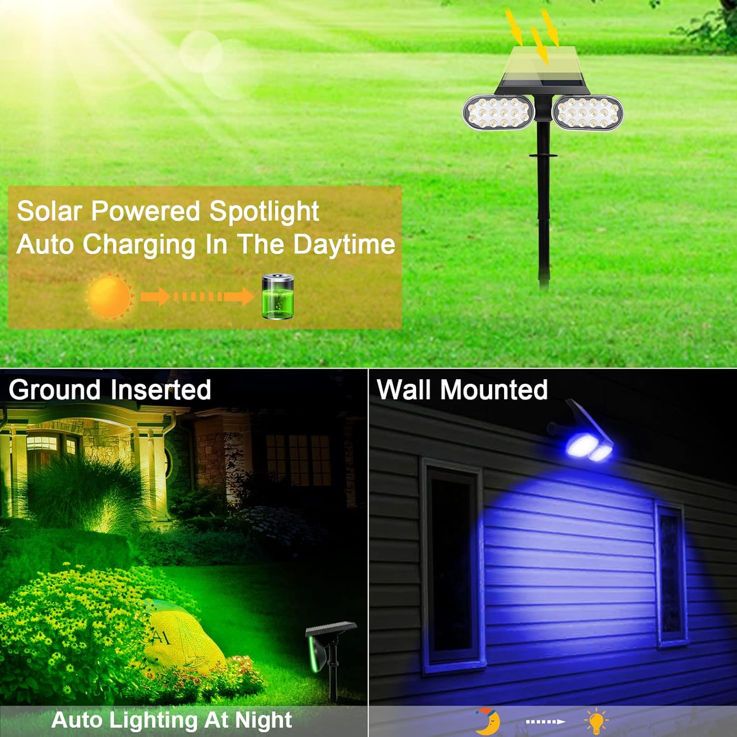 EMANER Solar Outdoor Spot Lights, RGB Solid Color+Multicolor Changing, Solar Spotlight Keep On, Dusk to Dawn Pathway Stake Light Waterproof for