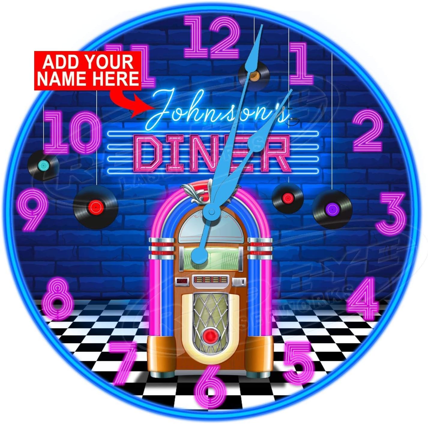 Retro Diner Juke Box Reloj de pared redondo de metal de aluminio de 12 pulgadas de diámetro