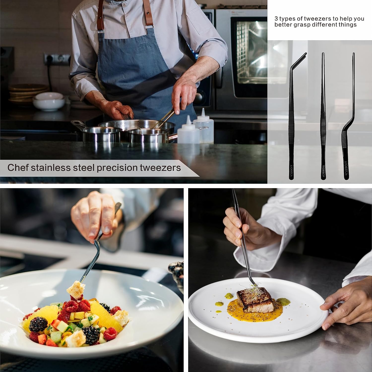 Yioeecf Juego de pinzas para galjanoplastia de chef, juego de pinzas para alimentos, juego de pinzas de acero inoxidable de chef profesional, 6