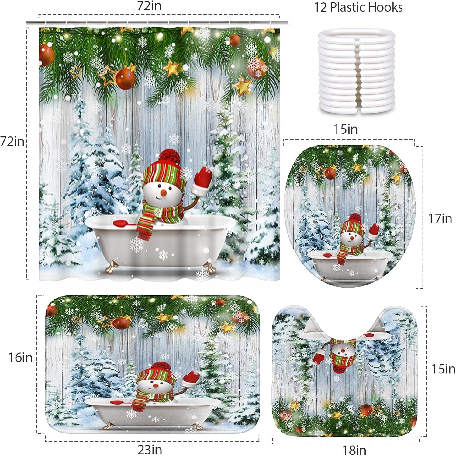 Bribay Juego de cortinas de ducha de 4 piezas, gnomo de Navidad, Papá Noel, invierno, con alfombras antideslizantes, cubierta para tapa de inodoro y