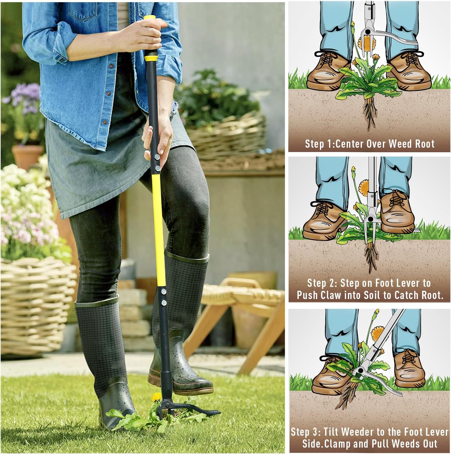 Jardineer Herramienta extractora de malezas de pie, resistente, extractor de malezas de pie de 43 pulgadas y palo de deshierba, herramienta de